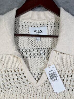 Wax London Polo Shirt Mens L Ecru Ivory Siena Open Knit Crochet Short Sleeve